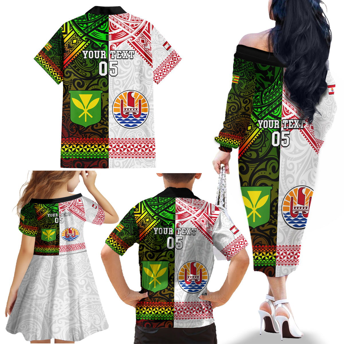 Custom Hawaii And Tahiti Family Matching Off Shoulder Long Sleeve Dress and Hawaiian Shirt Coat Of Arms Polynesian Pattern LT05 - Polynesian Pride
