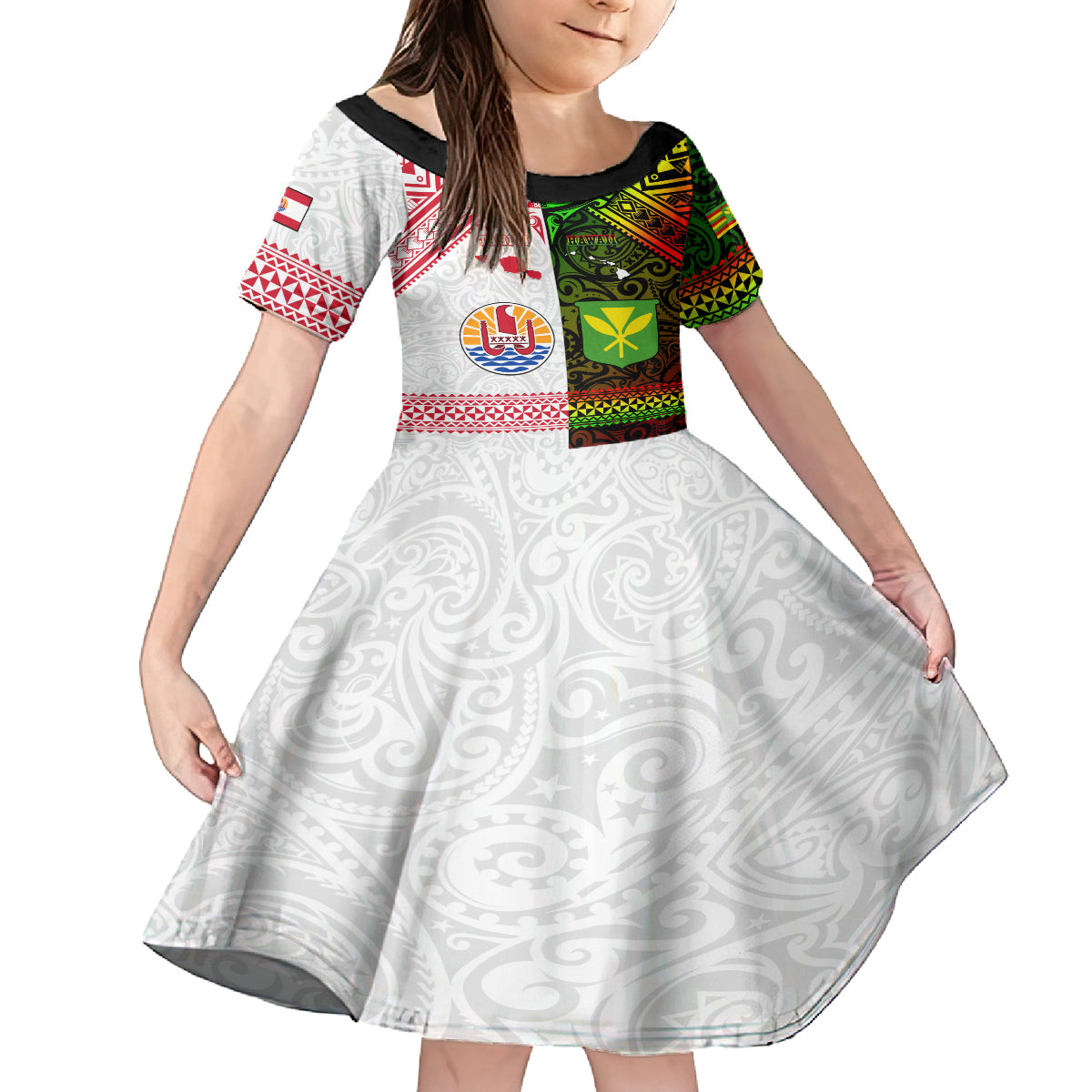 Custom Hawaii And Tahiti Family Matching Puletasi and Hawaiian Shirt Coat Of Arms Polynesian Pattern LT05 Daughter's Dress Reggae - Polynesian Pride