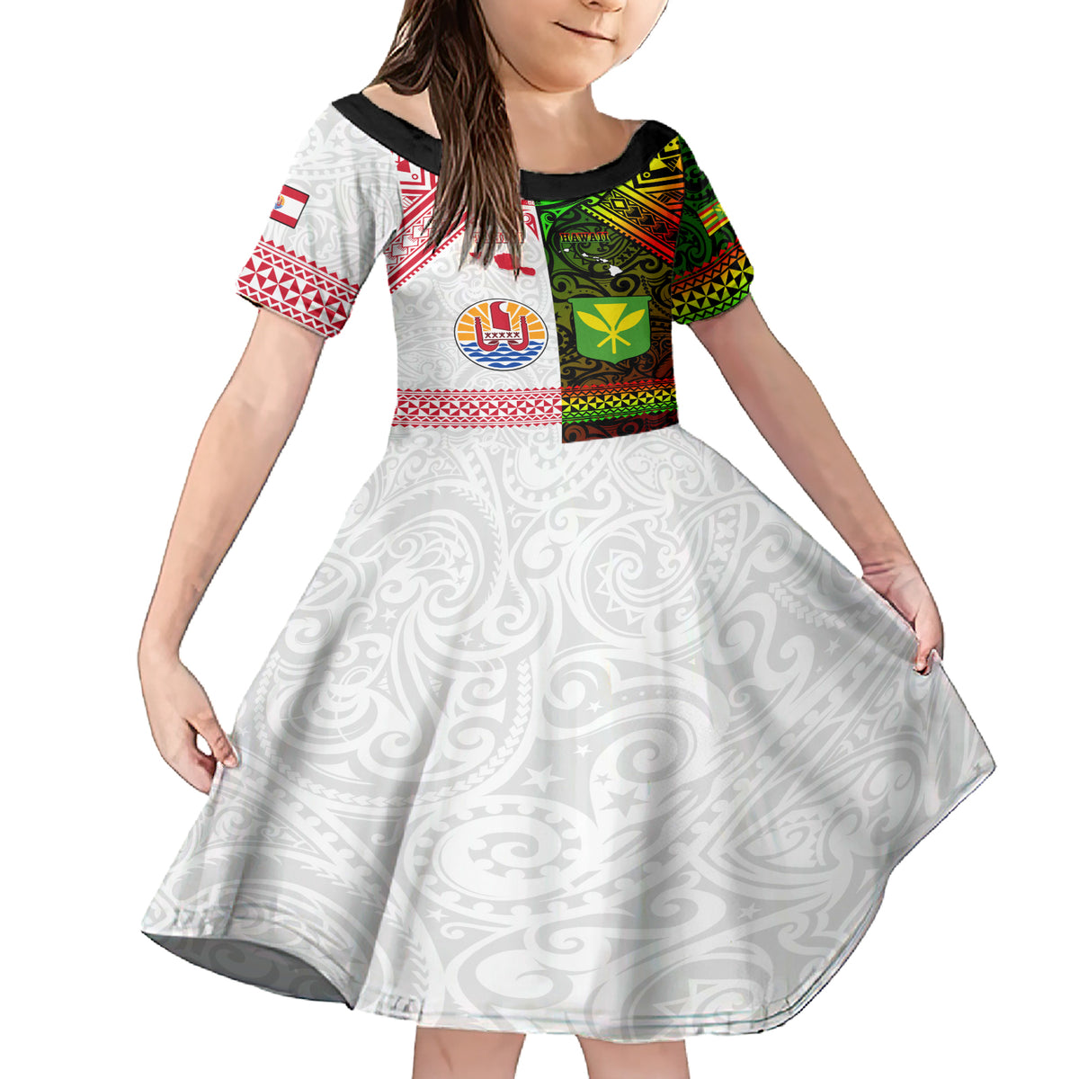 Custom Hawaii And Tahiti Family Matching Short Sleeve Bodycon Dress and Hawaiian Shirt Coat Of Arms Polynesian Pattern LT05 Daughter's Dress Reggae - Polynesian Pride