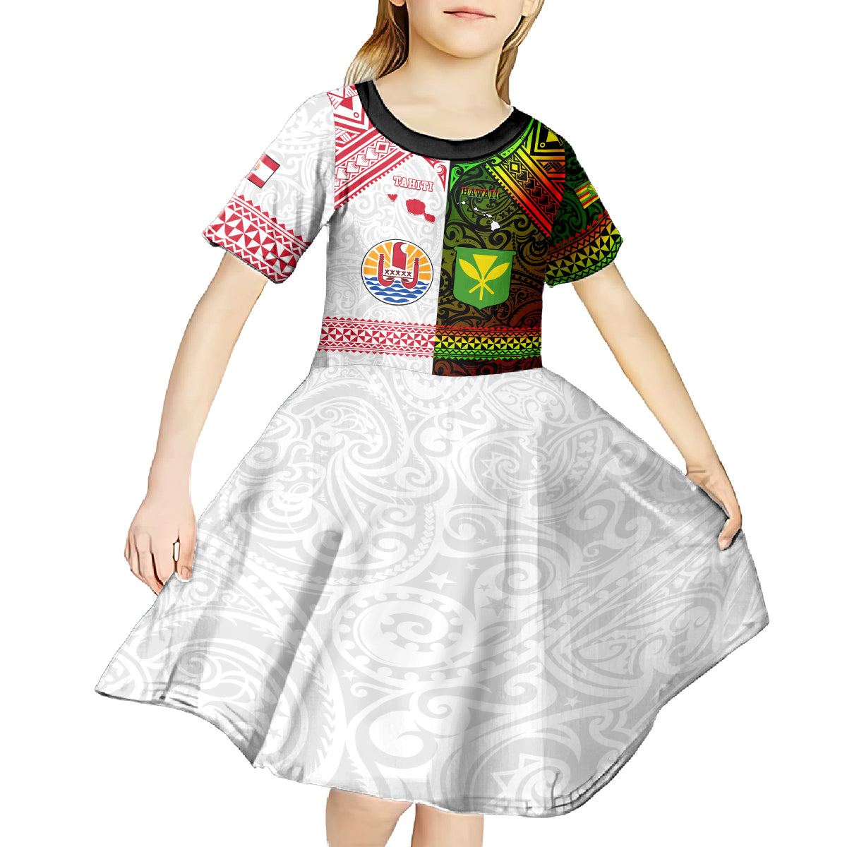 Custom Hawaii And Tahiti Kid Short Sleeve Dress Coat Of Arms Polynesian Pattern LT05 - Polynesian Pride