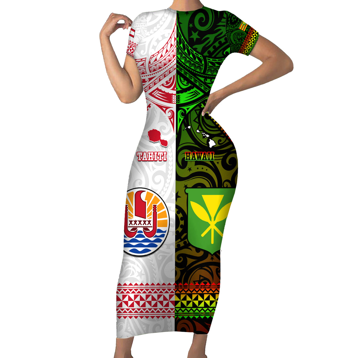 Custom Hawaii And Tahiti Short Sleeve Bodycon Dress Coat Of Arms Polynesian Pattern LT05 Long Dress Reggae - Polynesian Pride