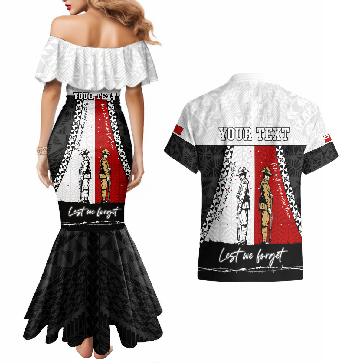 Personalised Tonga ANZAC Day Te Tau Manatui Kinautolu Couples Matching Mermaid Dress and Hawaiian Shirt Lest We Forget LT05 - Polynesian Pride
