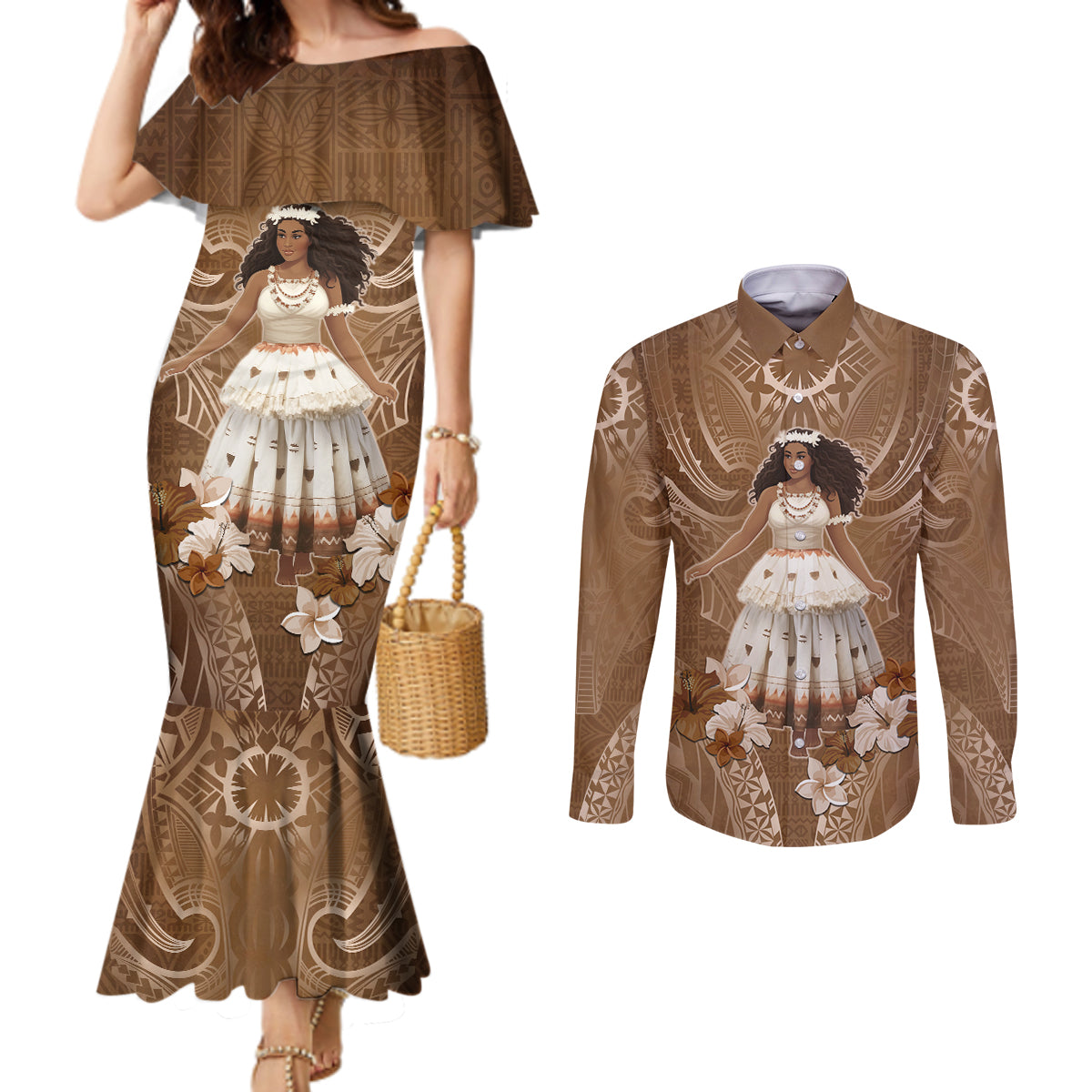 Bula Fiji Women's Day Couples Matching Mermaid Dress and Long Sleeve Button Shirt With Fijian Tapa Pattern LT05 Brown - Polynesian Pride