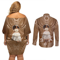 Bula Fiji Women's Day Couples Matching Off Shoulder Short Dress and Long Sleeve Button Shirt With Fijian Tapa Pattern LT05 - Polynesian Pride