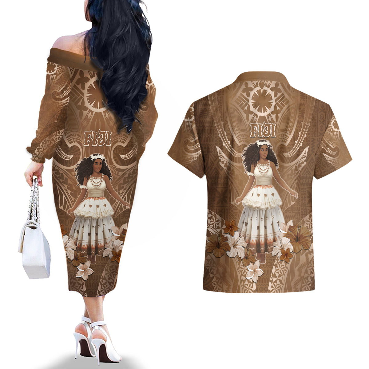 Bula Fiji Women's Day Couples Matching Off The Shoulder Long Sleeve Dress and Hawaiian Shirt With Fijian Tapa Pattern LT05 - Polynesian Pride
