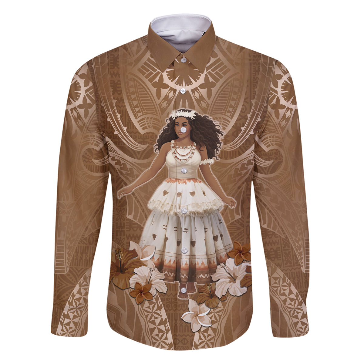 Bula Fiji Women's Day Family Matching Off Shoulder Long Sleeve Dress and Hawaiian Shirt With Fijian Tapa Pattern LT05 Dad's Shirt - Long Sleeve Brown - Polynesian Pride