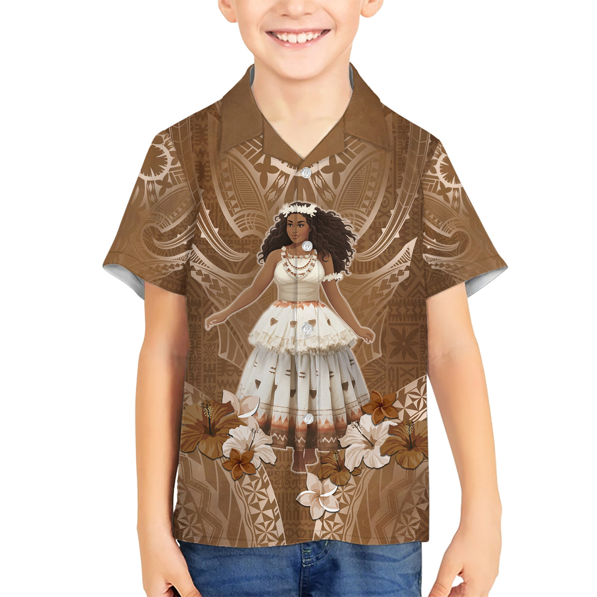 Bula Fiji Women's Day Family Matching Short Sleeve Bodycon Dress and Hawaiian Shirt With Fijian Tapa Pattern LT05 Son's Shirt Brown - Polynesian Pride