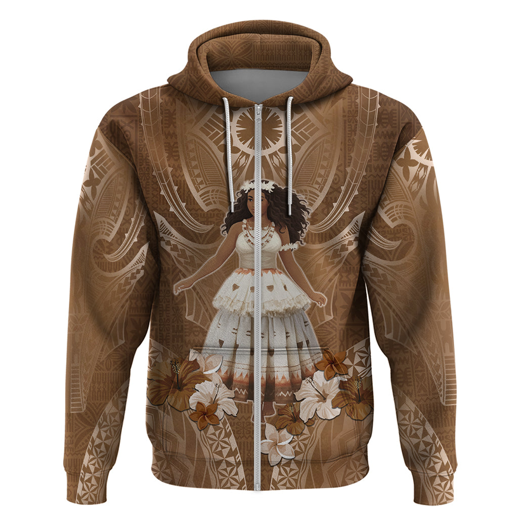 Bula Fiji Women's Day Zip Hoodie With Fijian Tapa Pattern LT05 Zip Hoodie Brown - Polynesian Pride