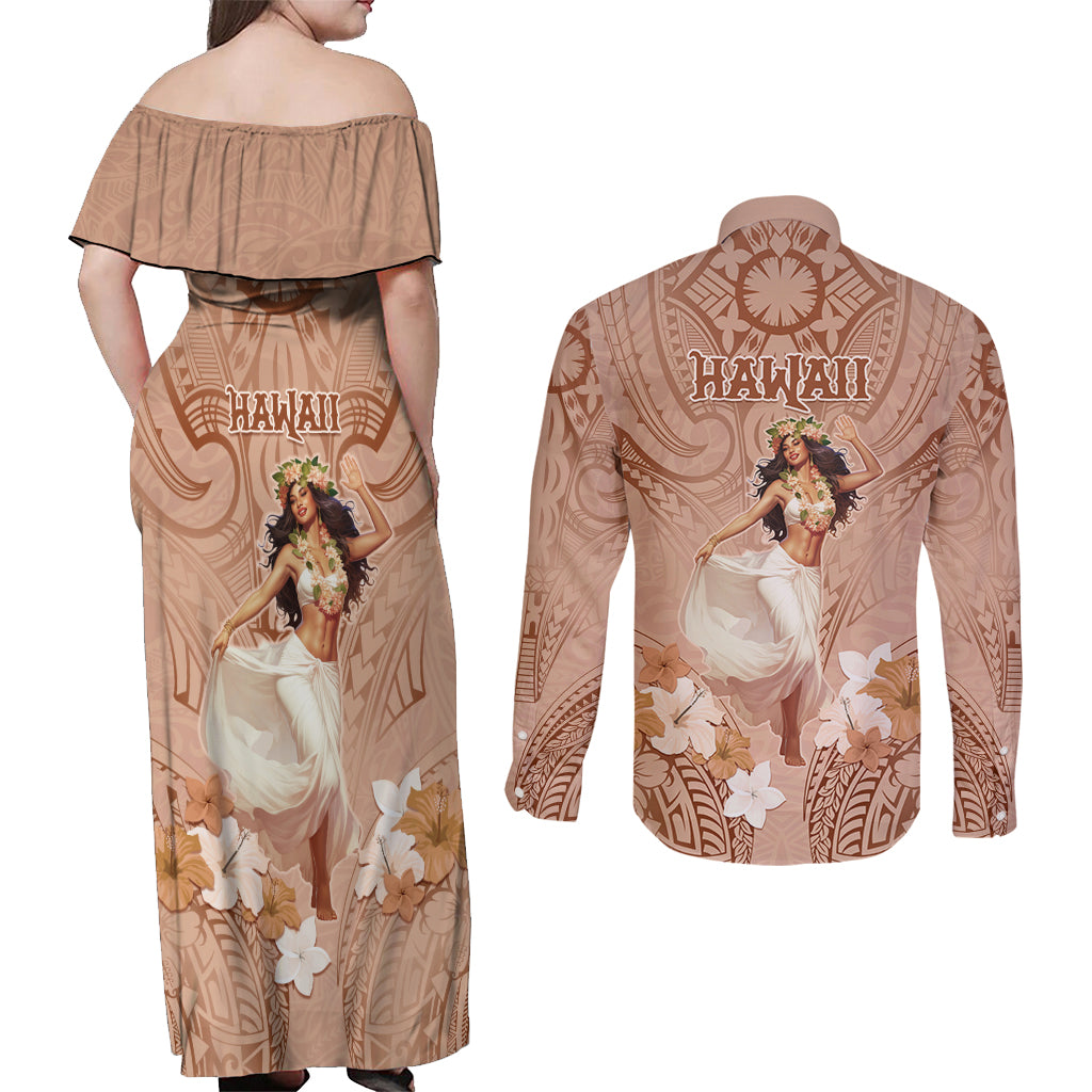 Hawaii Women's Day Couples Matching Off Shoulder Maxi Dress and Long Sleeve Button Shirt With Polynesian Pattern LT05 - Polynesian Pride