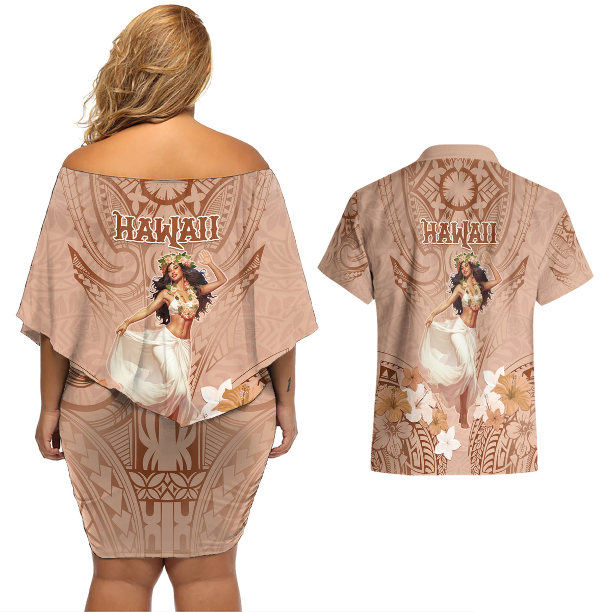 Hawaii Women's Day Couples Matching Off Shoulder Short Dress and Hawaiian Shirt With Polynesian Pattern LT05 - Polynesian Pride