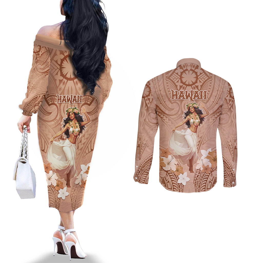Hawaii Women's Day Couples Matching Off The Shoulder Long Sleeve Dress and Long Sleeve Button Shirt With Polynesian Pattern LT05 - Polynesian Pride