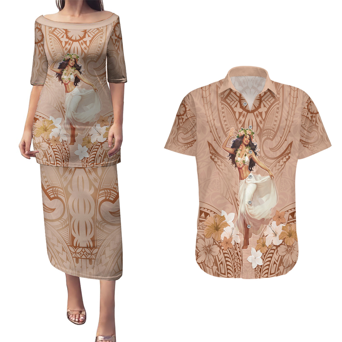 Hawaii Women's Day Couples Matching Puletasi and Hawaiian Shirt With Polynesian Pattern LT05 Brown - Polynesian Pride