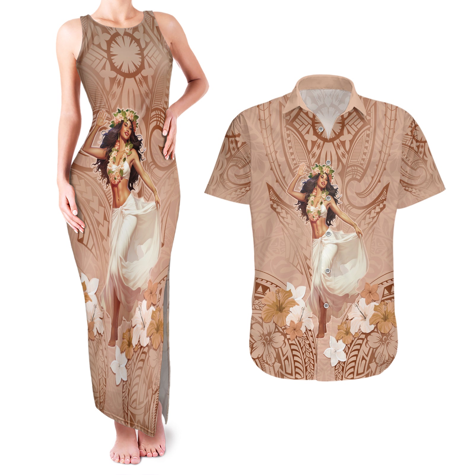 Hawaii Women's Day Couples Matching Tank Maxi Dress and Hawaiian Shirt With Polynesian Pattern LT05 Brown - Polynesian Pride