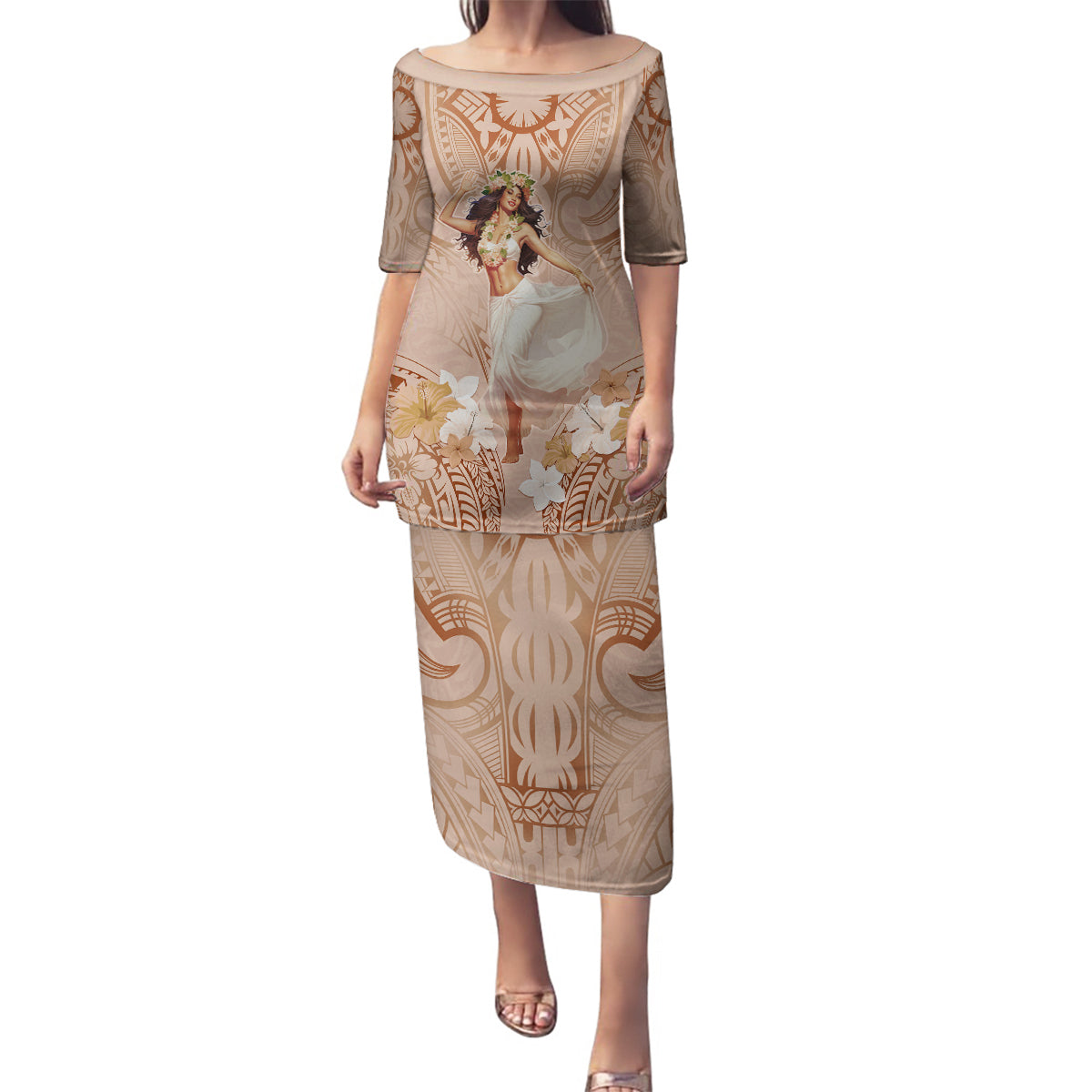 Hawaii Women's Day Family Matching Puletasi and Hawaiian Shirt With Polynesian Pattern LT05 Mom's Dress Brown - Polynesian Pride