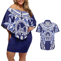 Personalised Tonga Queen Salote College Couples Matching Off Shoulder Short Dress and Hawaiian Shirt Centenary Navy Version