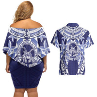 Personalised Tonga Queen Salote College Couples Matching Off Shoulder Short Dress and Hawaiian Shirt Centenary Navy Version
