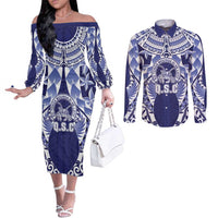 Personalised Tonga Queen Salote College Couples Matching Off The Shoulder Long Sleeve Dress and Long Sleeve Button Shirt Centenary Navy Version