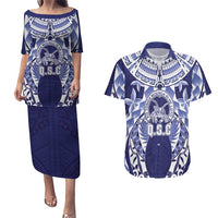 Personalised Tonga Queen Salote College Couples Matching Puletasi and Hawaiian Shirt Centenary Navy Version