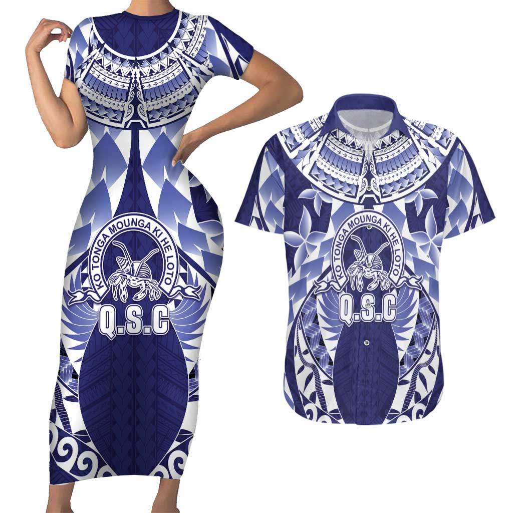 Personalised Tonga Queen Salote College Couples Matching Short Sleeve Bodycon Dress and Hawaiian Shirt Centenary Navy Version