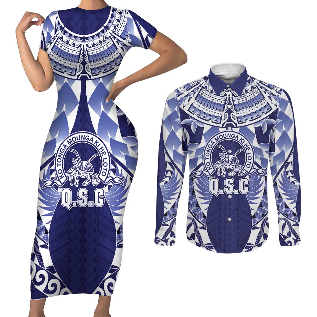 Personalised Tonga Queen Salote College Couples Matching Short Sleeve Bodycon Dress and Long Sleeve Button Shirt Centenary Navy Version