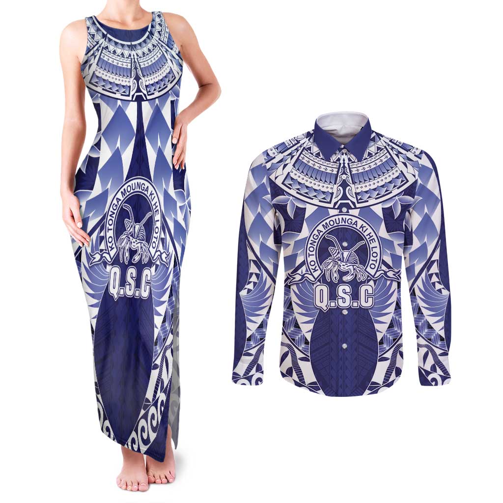 Personalised Tonga Queen Salote College Couples Matching Tank Maxi Dress and Long Sleeve Button Shirt Centenary Navy Version