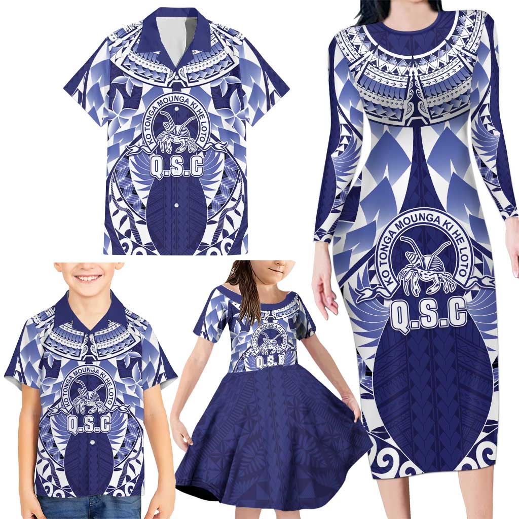 Personalised Tonga Queen Salote College Family Matching Long Sleeve Bodycon Dress and Hawaiian Shirt Centenary Navy Version LT05 - Polynesian Pride