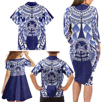 Personalised Tonga Queen Salote College Family Matching Long Sleeve Bodycon Dress and Hawaiian Shirt Centenary Navy Version LT05 - Polynesian Pride