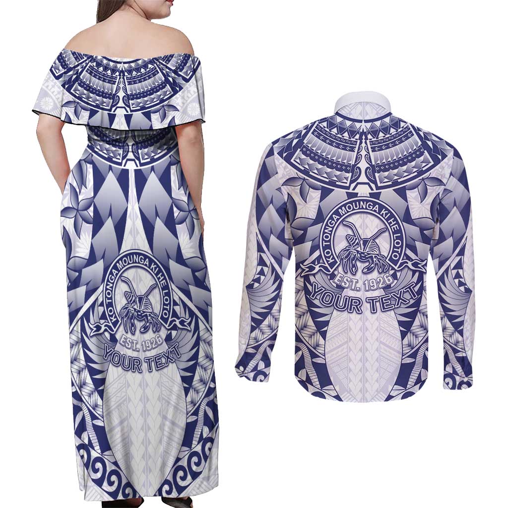 Personalised Tonga Queen Salote College Couples Matching Off Shoulder Maxi Dress and Long Sleeve Button Shirt Centenary White Version