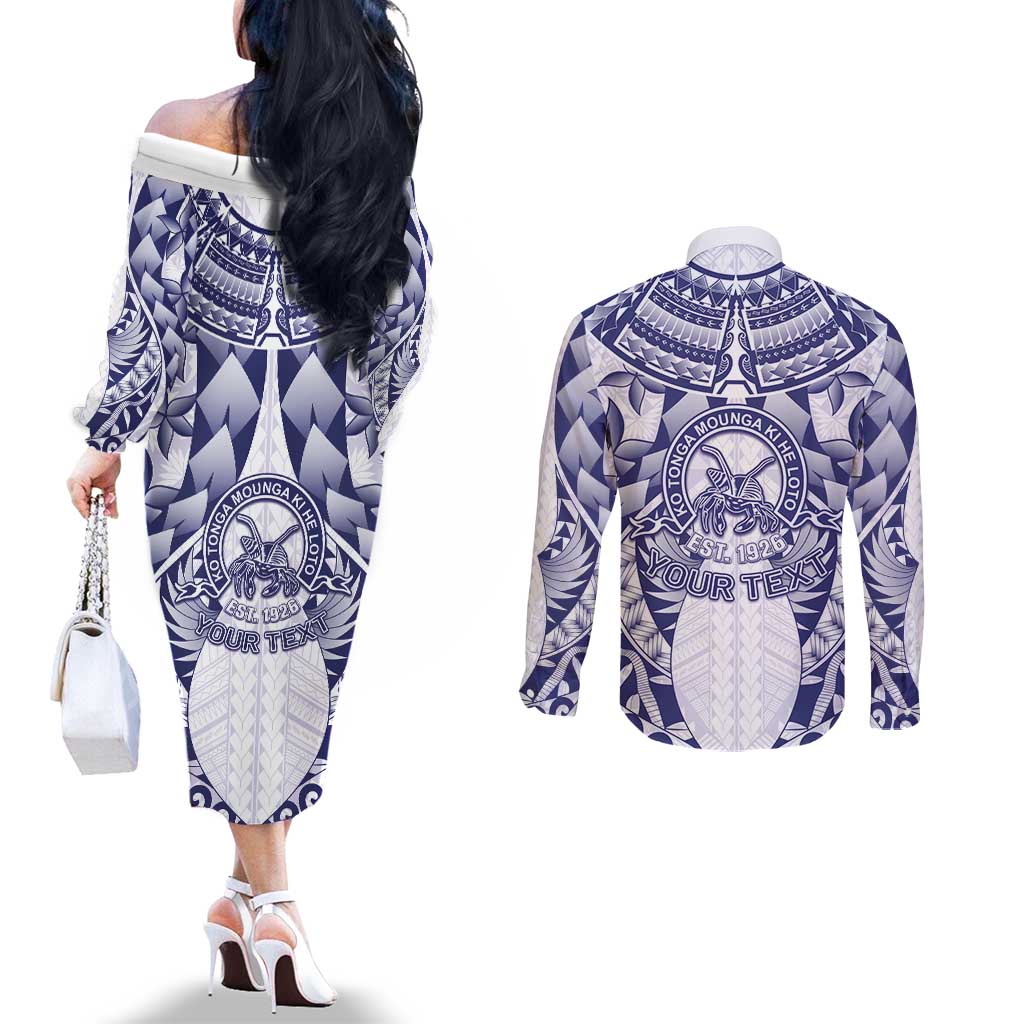 Personalised Tonga Queen Salote College Couples Matching Off The Shoulder Long Sleeve Dress and Long Sleeve Button Shirt Centenary White Version