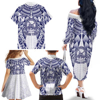 Personalised Tonga Queen Salote College Family Matching Off The Shoulder Long Sleeve Dress and Hawaiian Shirt Centenary White Version LT05 - Polynesian Pride