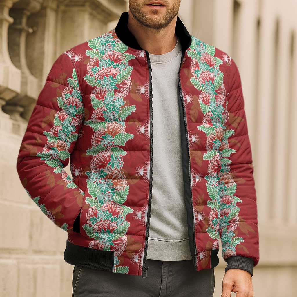 Hawaii Ohia Lehua Bomber Puffer Jacket Tropical Vibes Crimson