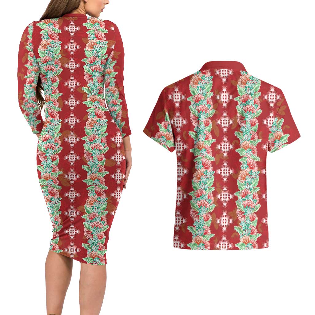 Hawaii Ohia Lehua Couples Matching Long Sleeve Bodycon Dress and Hawaiian Shirt Tropical Vibes Crimson LT05 - Polynesian Pride