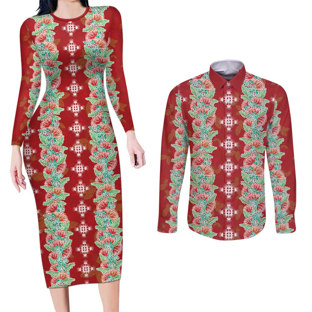 Hawaii Ohia Lehua Couples Matching Long Sleeve Bodycon Dress and Long Sleeve Button Shirt Tropical Vibes Crimson