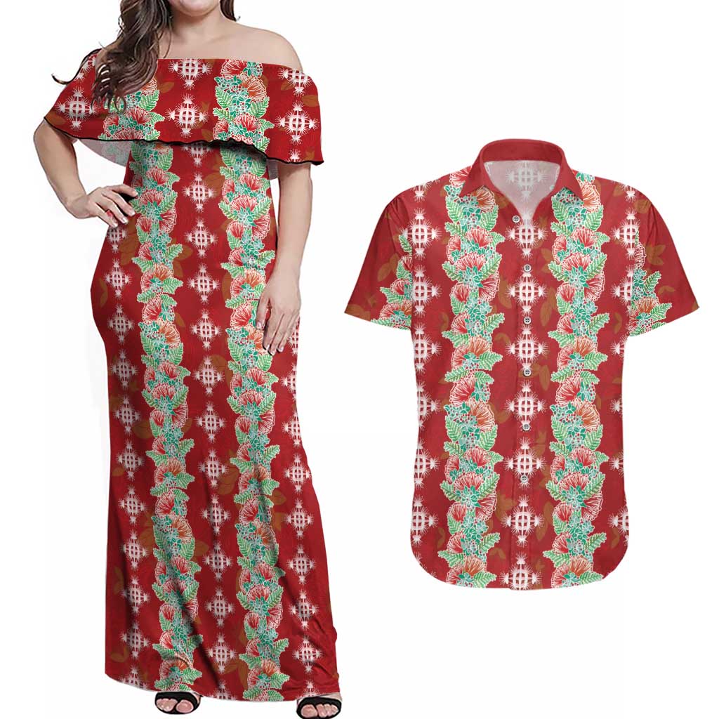 Hawaii Ohia Lehua Couples Matching Off Shoulder Maxi Dress and Hawaiian Shirt Tropical Vibes Crimson