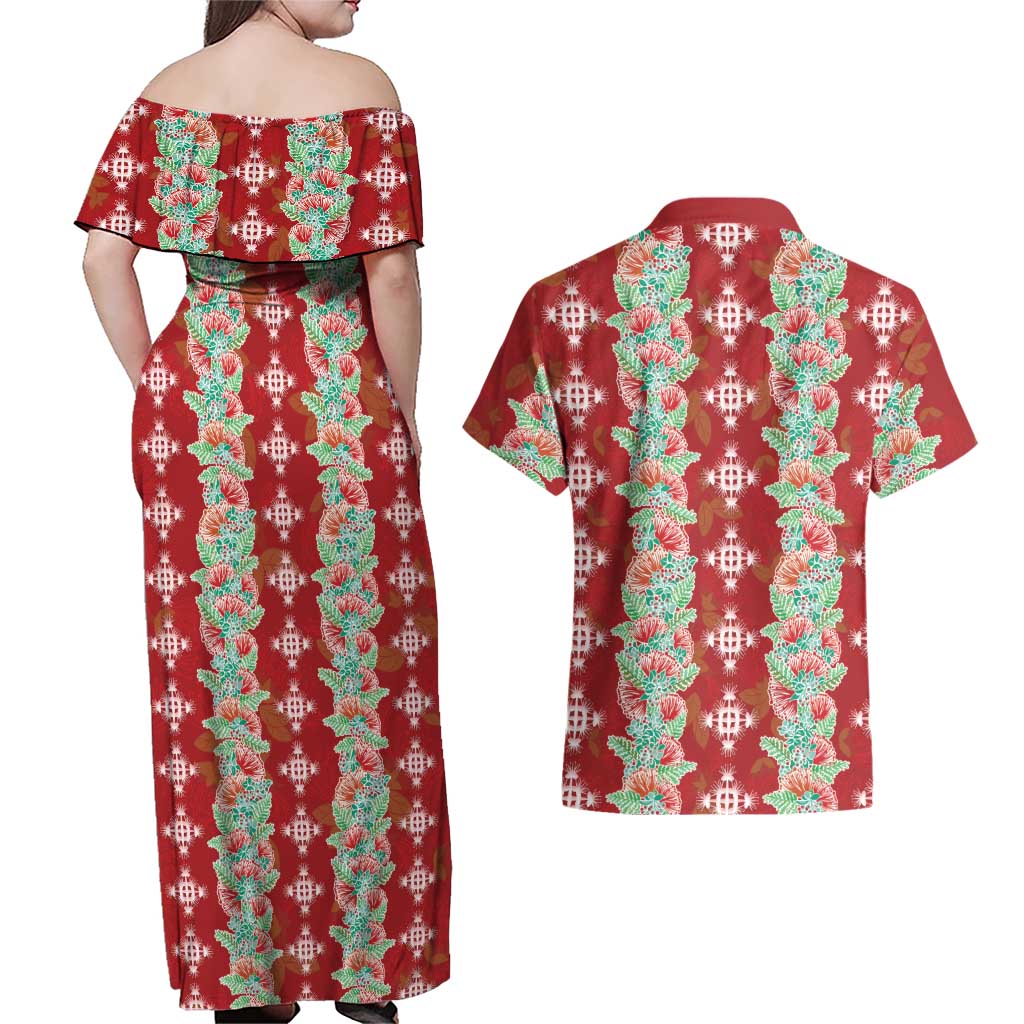 Hawaii Ohia Lehua Couples Matching Off Shoulder Maxi Dress and Hawaiian Shirt Tropical Vibes Crimson