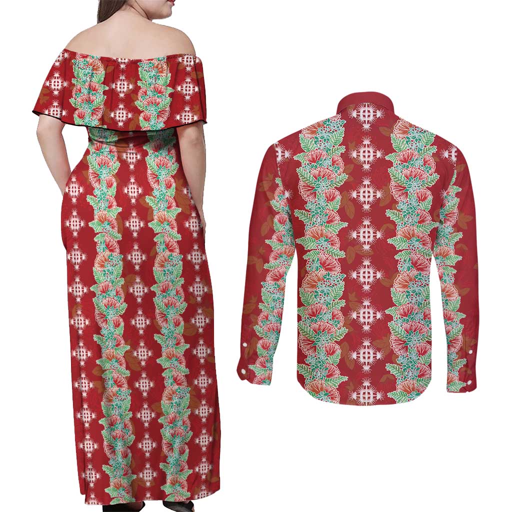 Hawaii Ohia Lehua Couples Matching Off Shoulder Maxi Dress and Long Sleeve Button Shirt Tropical Vibes Crimson