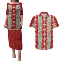 Hawaii Ohia Lehua Couples Matching Puletasi and Hawaiian Shirt Tropical Vibes Crimson