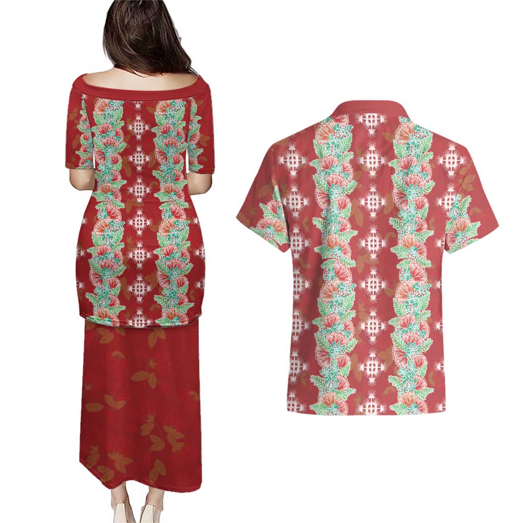 Hawaii Ohia Lehua Couples Matching Puletasi and Hawaiian Shirt Tropical Vibes Crimson