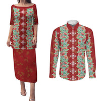 Hawaii Ohia Lehua Couples Matching Puletasi and Long Sleeve Button Shirt Tropical Vibes Crimson