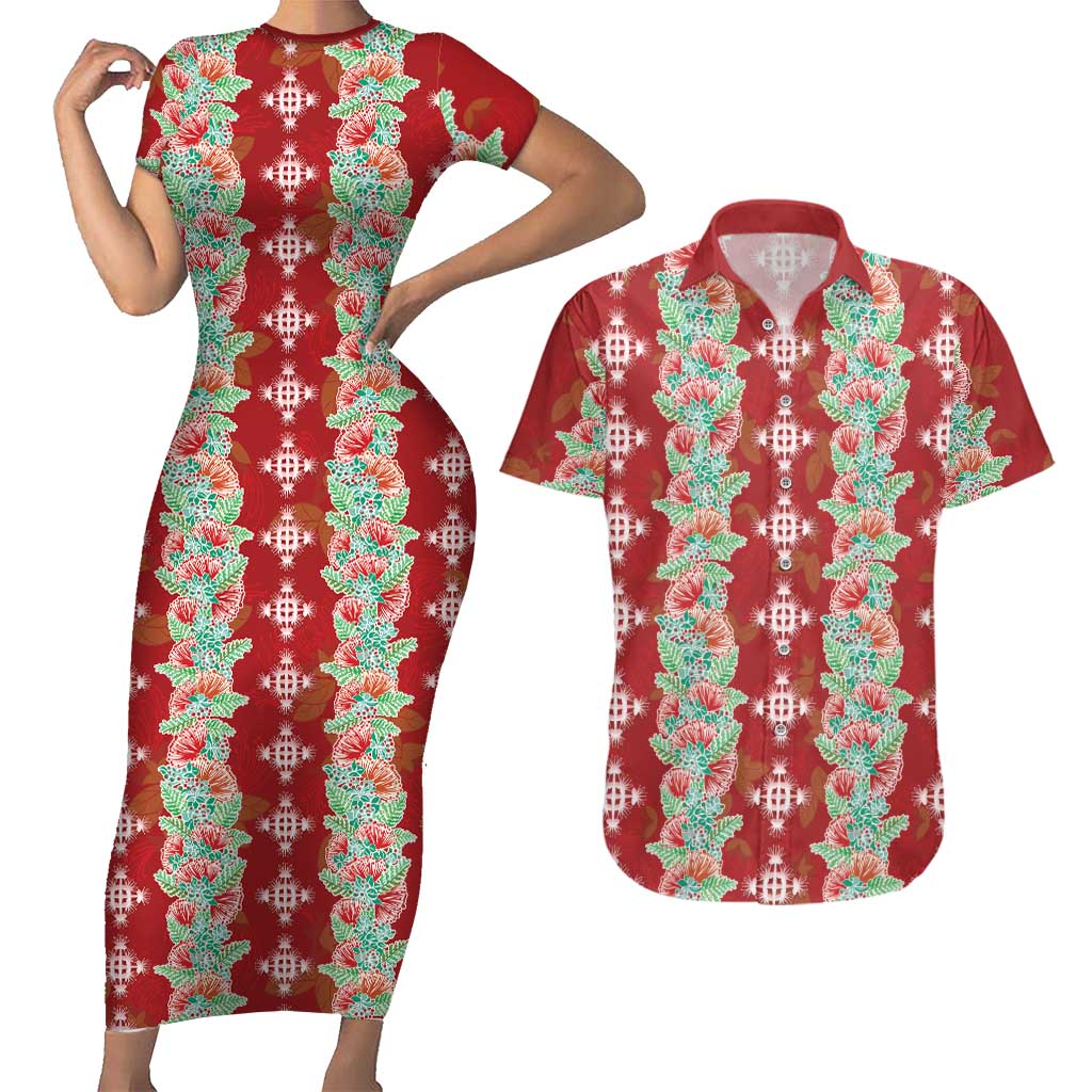 Hawaii Ohia Lehua Couples Matching Short Sleeve Bodycon Dress and Hawaiian Shirt Tropical Vibes Crimson LT05 Crimson - Polynesian Pride