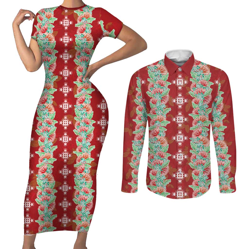 Hawaii Ohia Lehua Couples Matching Short Sleeve Bodycon Dress and Long Sleeve Button Shirt Tropical Vibes Crimson