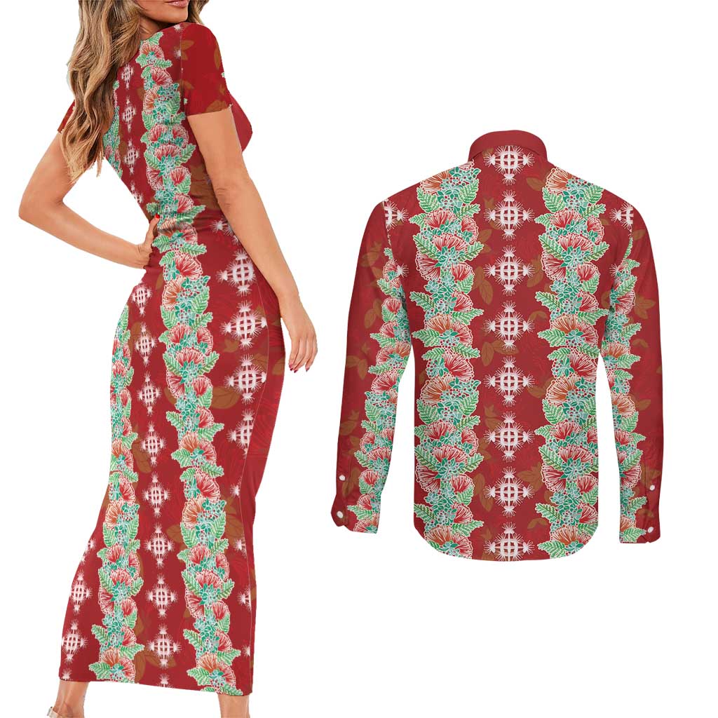 Hawaii Ohia Lehua Couples Matching Short Sleeve Bodycon Dress and Long Sleeve Button Shirt Tropical Vibes Crimson