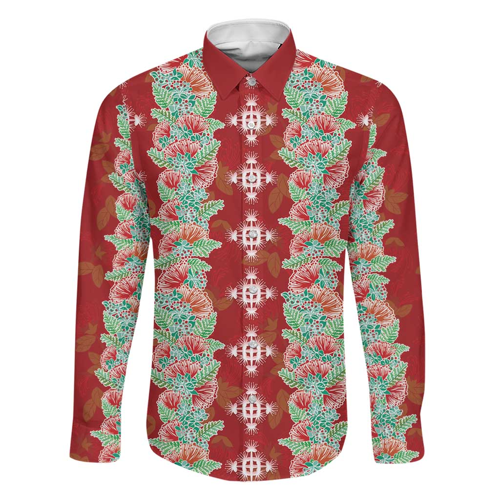 Hawaii Ohia Lehua Family Matching Mermaid Dress and Hawaiian Shirt Tropical Vibes Crimson LT05 Dad's Shirt - Long Sleeve Crimson - Polynesian Pride