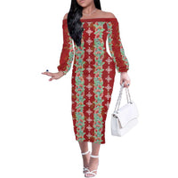 Hawaii Ohia Lehua Family Matching Off The Shoulder Long Sleeve Dress and Hawaiian Shirt Tropical Vibes Crimson LT05 Mom's Dress Crimson - Polynesian Pride