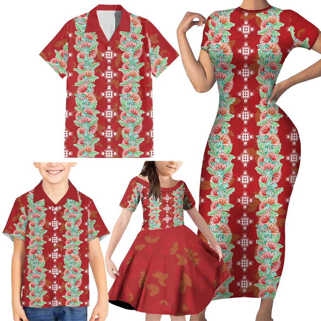 Hawaii Ohia Lehua Family Matching Short Sleeve Bodycon Dress and Hawaiian Shirt Tropical Vibes Crimson LT05 - Polynesian Pride