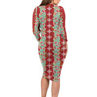 Hawaii Ohia Lehua Long Sleeve Bodycon Dress Tropical Vibes Crimson