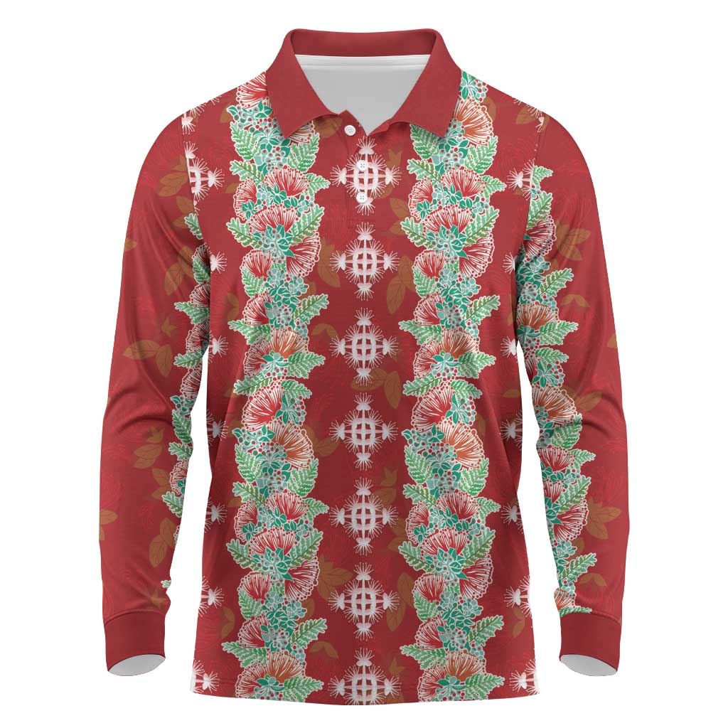 Hawaii Ohia Lehua Long Sleeve Polo Shirt Tropical Vibes Crimson
