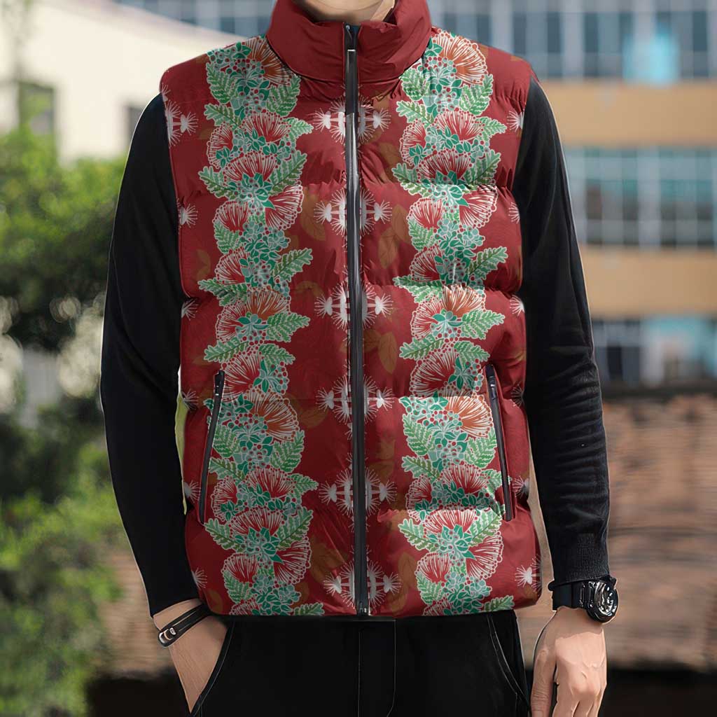 Hawaii Ohia Lehua Sleeveless Puffer Jacket Tropical Vibes Crimson