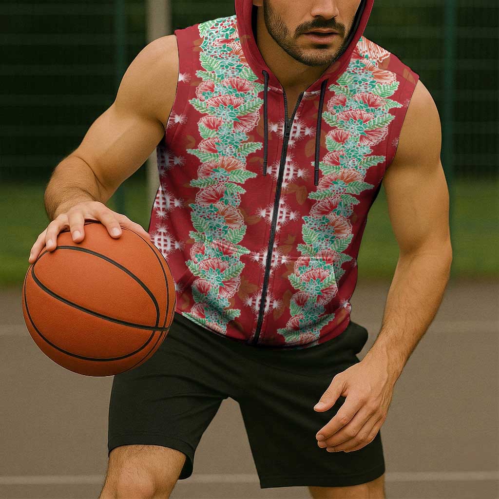 Hawaii Ohia Lehua Sleeveless Zip Hoodie Tropical Vibes Crimson