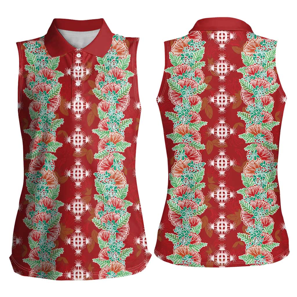 Hawaii Ohia Lehua Women Sleeveless Polo Shirt Tropical Vibes Crimson